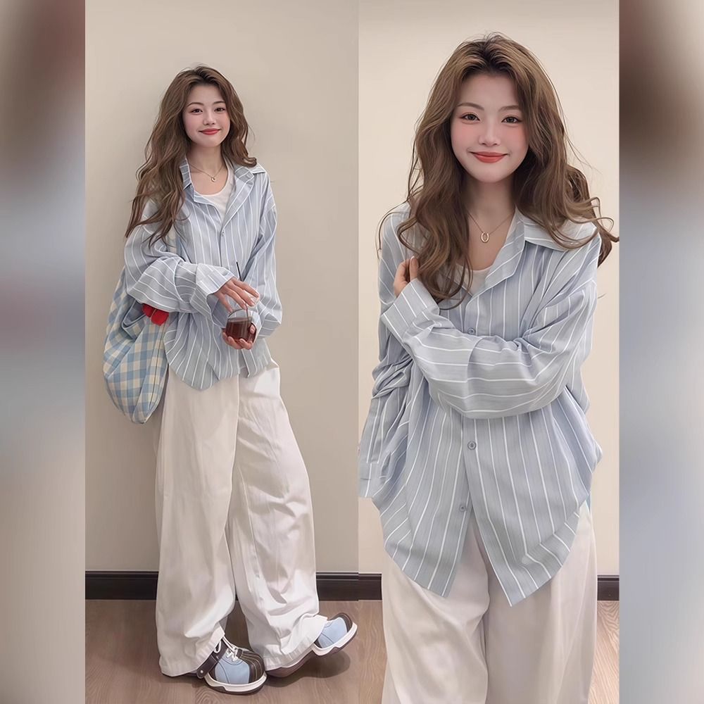 Blue striped shirt for women with high-end light luxury age reduction style 2025 new Korean chic chic top
