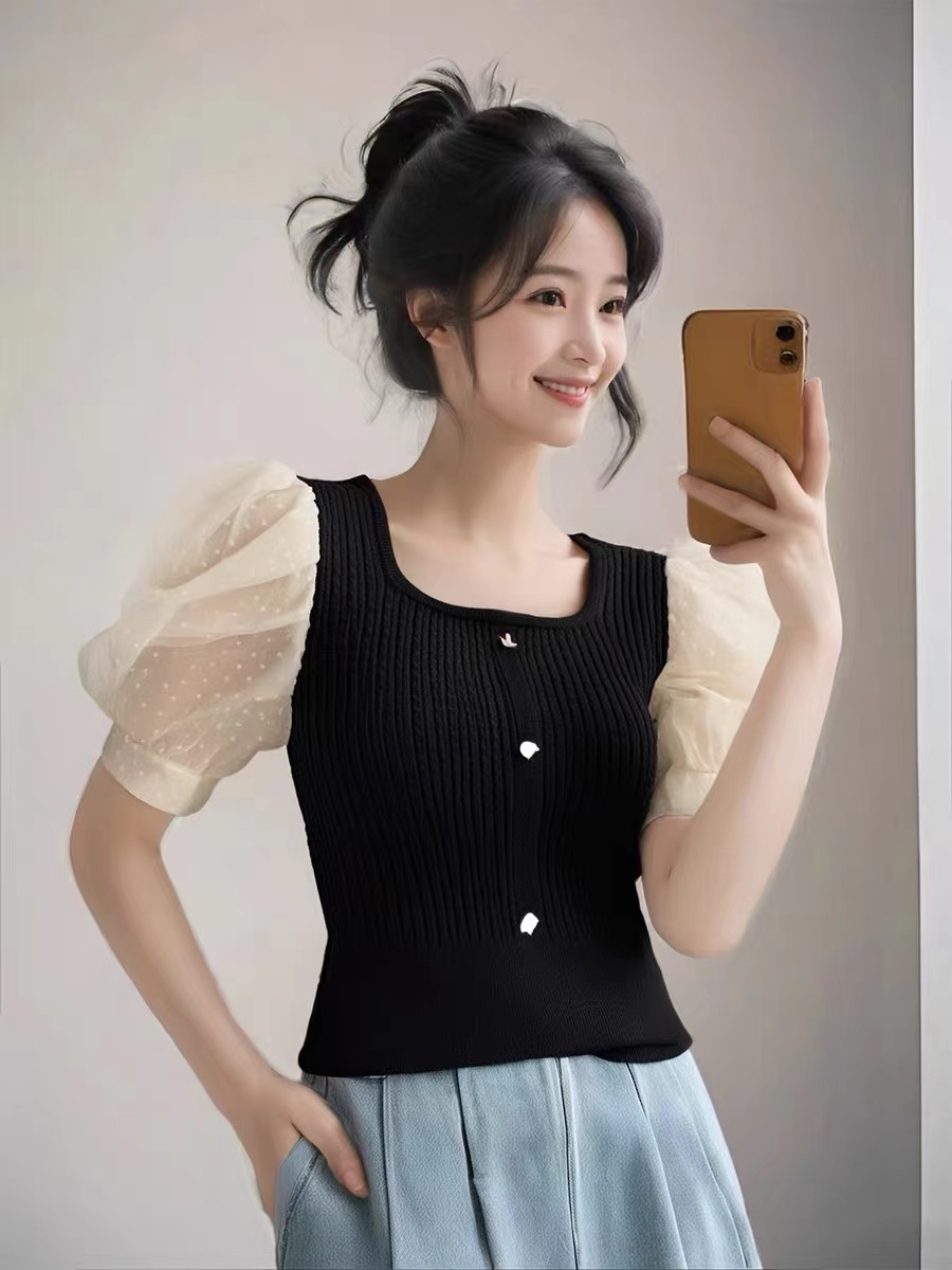 French lace puff short-sleeved ice silk T-shirt for women short slim sweet princess knitted short-sleeved design top
