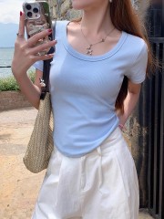 正肩短袖t恤女2025新款夏季白色弧形下擺橘色u領顯瘦短款上衣