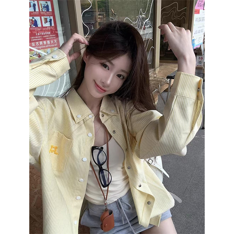 Design sense yellow stripes Korean casual long-sleeved shirt college style spring and autumn loose embroidered shirt sun protection jacket for women
