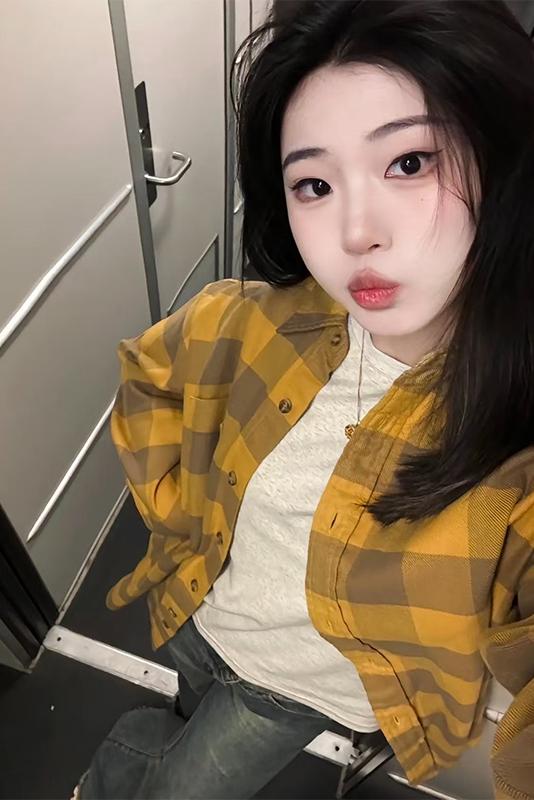 Retro lazy style yellow plaid shirt trendy long-sleeved Korean layered loose casual shirt spring and autumn coat women
