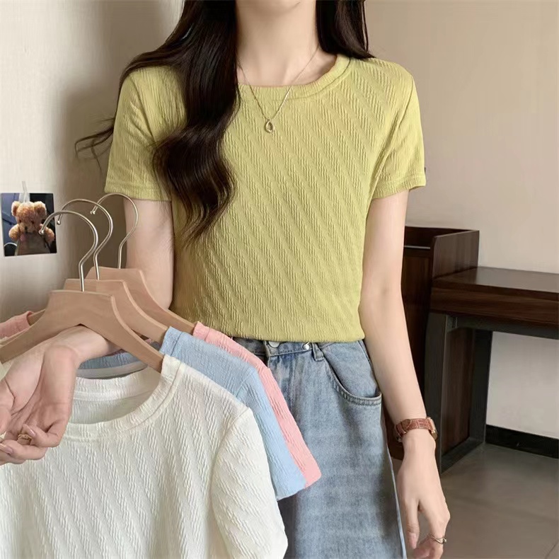 Real-shoulder short-sleeved T-shirt, small short-sleeved top trendy