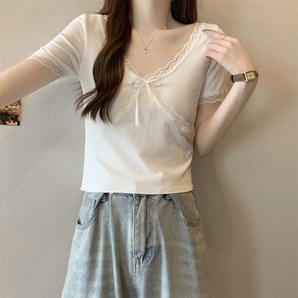 Real shot 40 pure cotton 210g 92 cotton/8 spandex short-sleeved T-shirt for women v-neck lace