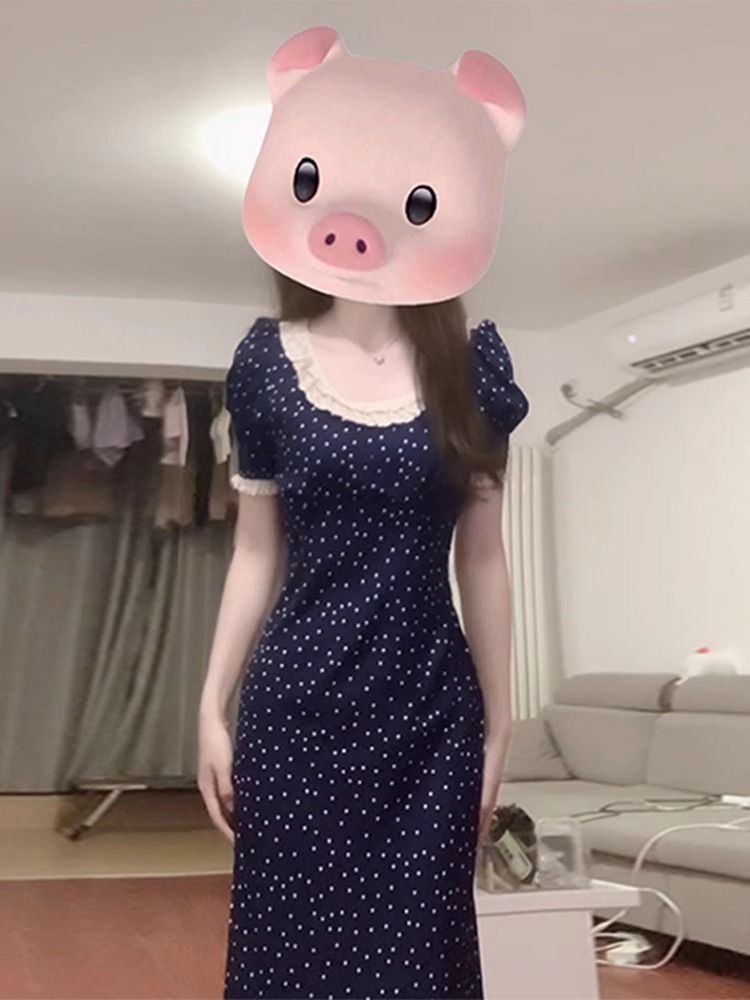 溫柔甜美藍色波點泡泡袖連衣裙女裝夏季新款高級感設計小眾長裙子