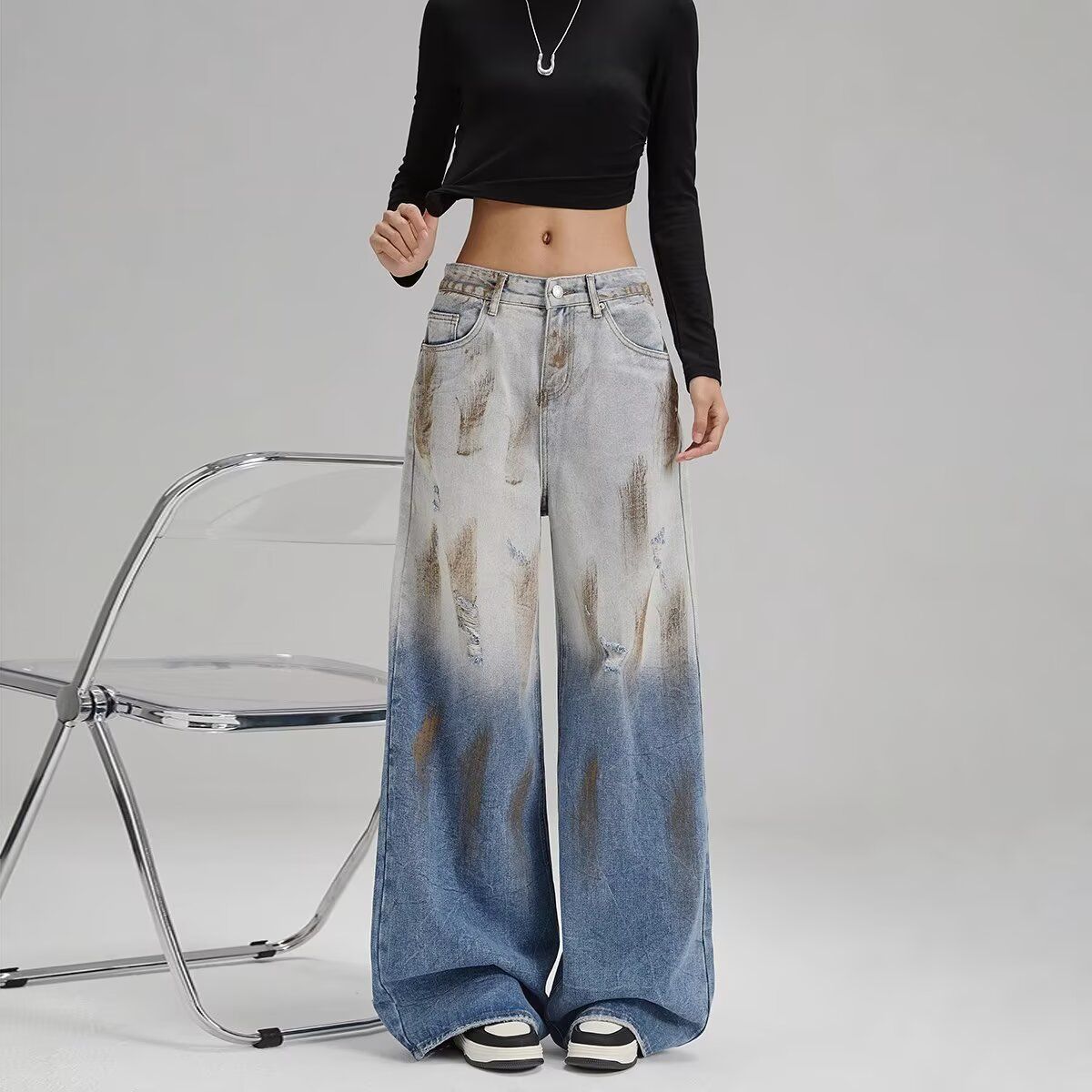 American retro vibe wash blue gradient ripped pants for men and women fashion brand loose straight wide-leg jeans