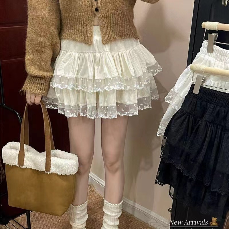 Sweet style lace spliced ​​cake skirt with high waist versatile slim A-line puffy short skirt for women