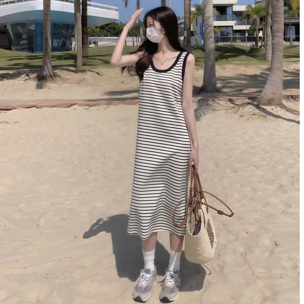 首發夏季高級感顯瘦條紋長款連衣裙女休閒小眾垂感背心裙