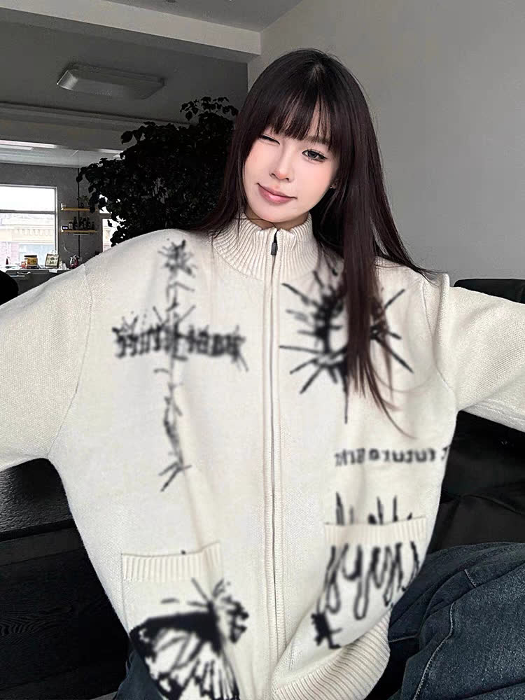 American retro niche sweater cardigan women's spring and autumn creative pattern zipper knit sweater loose couple top coat