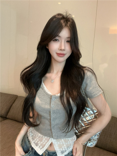 实拍~新款甜美短款小个子正肩蕾丝花边假两件短袖t恤上衣女