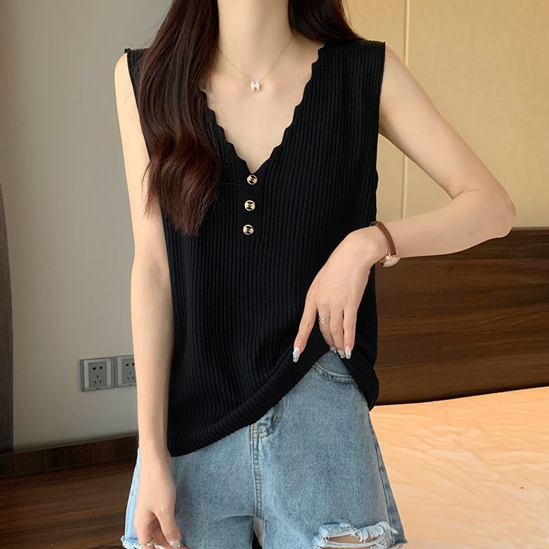 Ice silk sweater V-neck vest suspender for women with base and summer large size fat mm slimming and sleeveless top