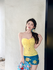 Real photo of summer yellow strap dopamine halter neck strap suspender flower hip-pack two-piece set