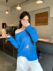 Real shot, lazy wind pit strip long sleeve knitted T-shirt casual and versatile loose sunscreen top