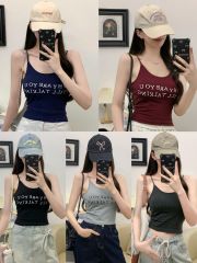 設計感字母印花小吊帶背心女帶胸墊肩帶外穿舒適辣妹上衣