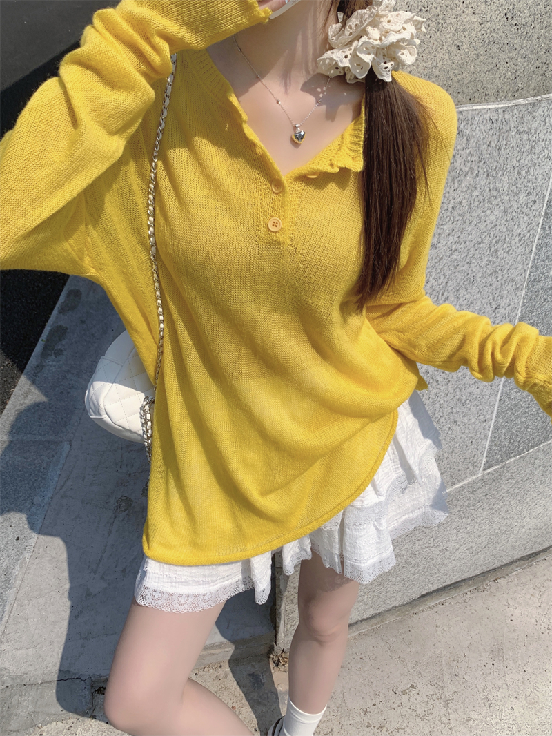 Real shot Real Henry collar micro-transparent sweater for women rolled-edged long-sleeved sunscreen jacket loose air conditioning blouse