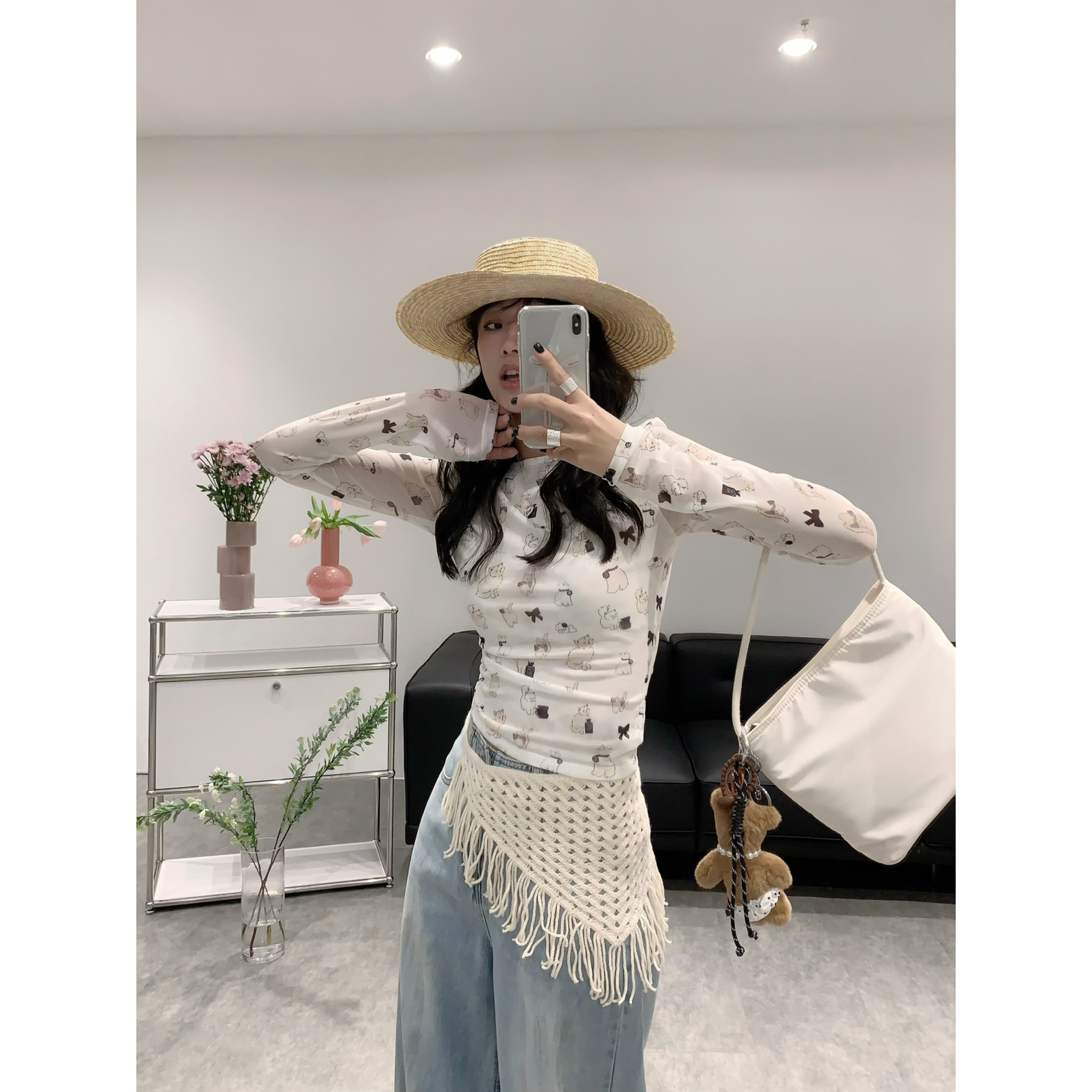 Korean chic pure desire mesh cartoon printed long-sleeved women's design sense cross hollow inner slim base top