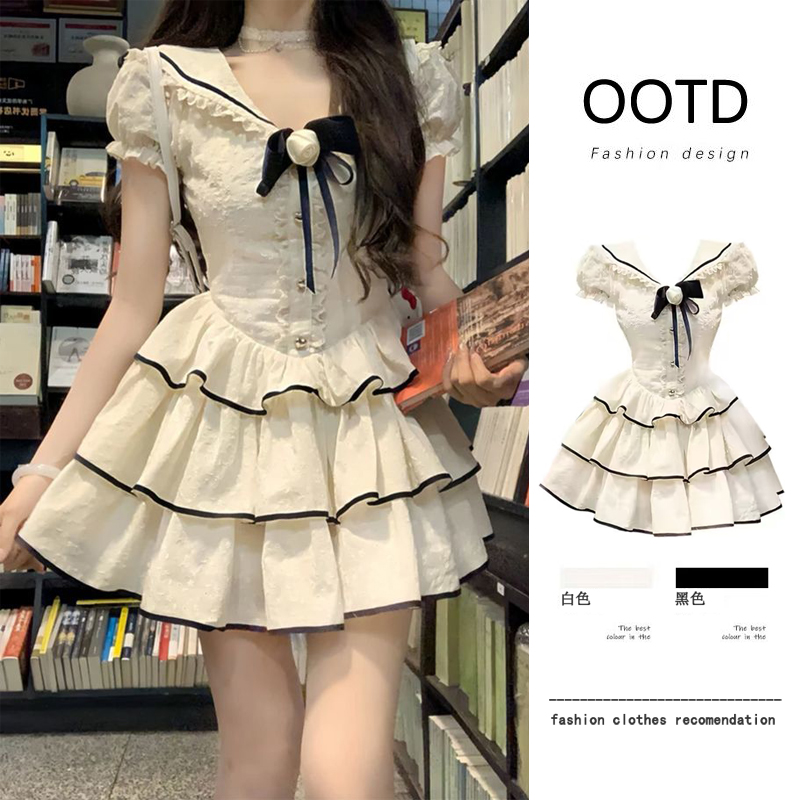 Korean comic heroine pure academy style navy collar dress for women in summer jacquard sweet waist-hugging princess short skirt