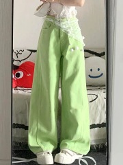 Green loose wide-leg jeans for women 2025 new spring high-waist slimming straight-leg pants dopamine casual pants