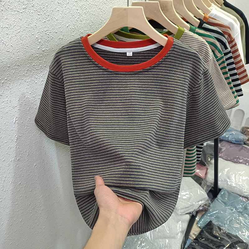 Real-life pure cotton striped loose short-sleeved T-shirt