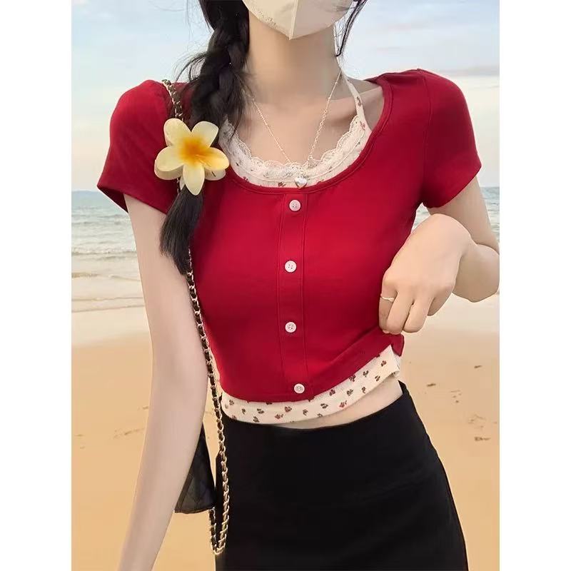 非實拍夏季紅色小碎花假兩件短款修身小眾百搭顯瘦上針織上衣