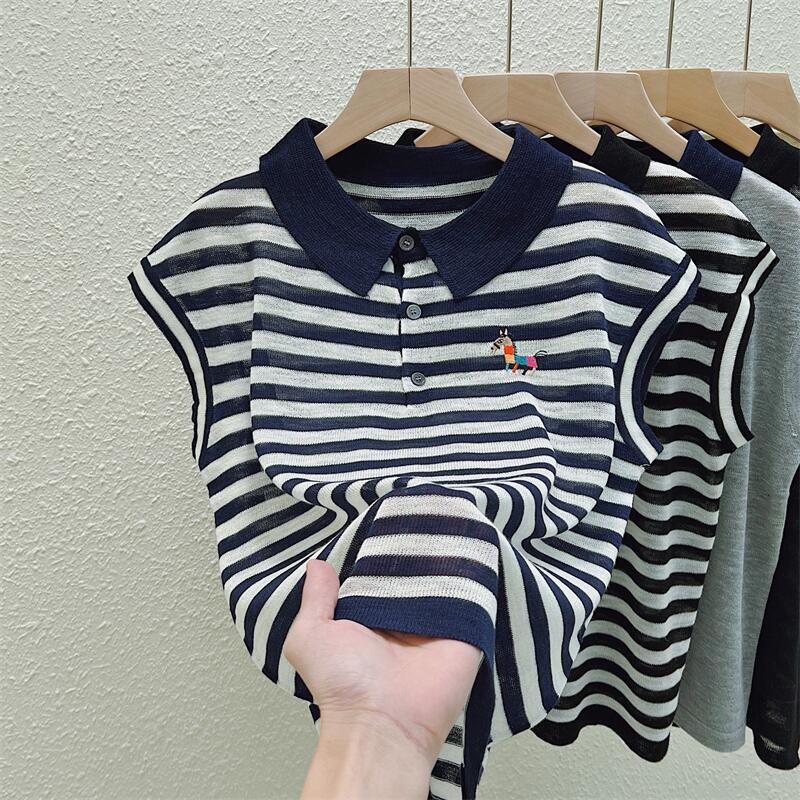 實拍POLO衫薄款冰絲針織小馬刺繡撞色短袖T恤女夏季新款通勤上衣