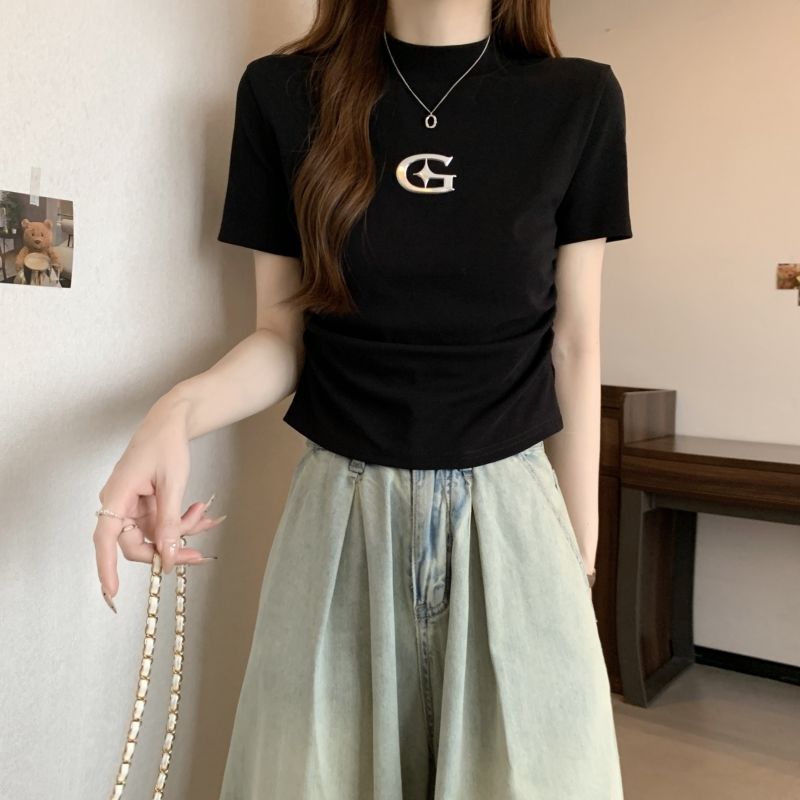 Real shot 40 pure cotton summer design niche short-sleeved T-shirt for women