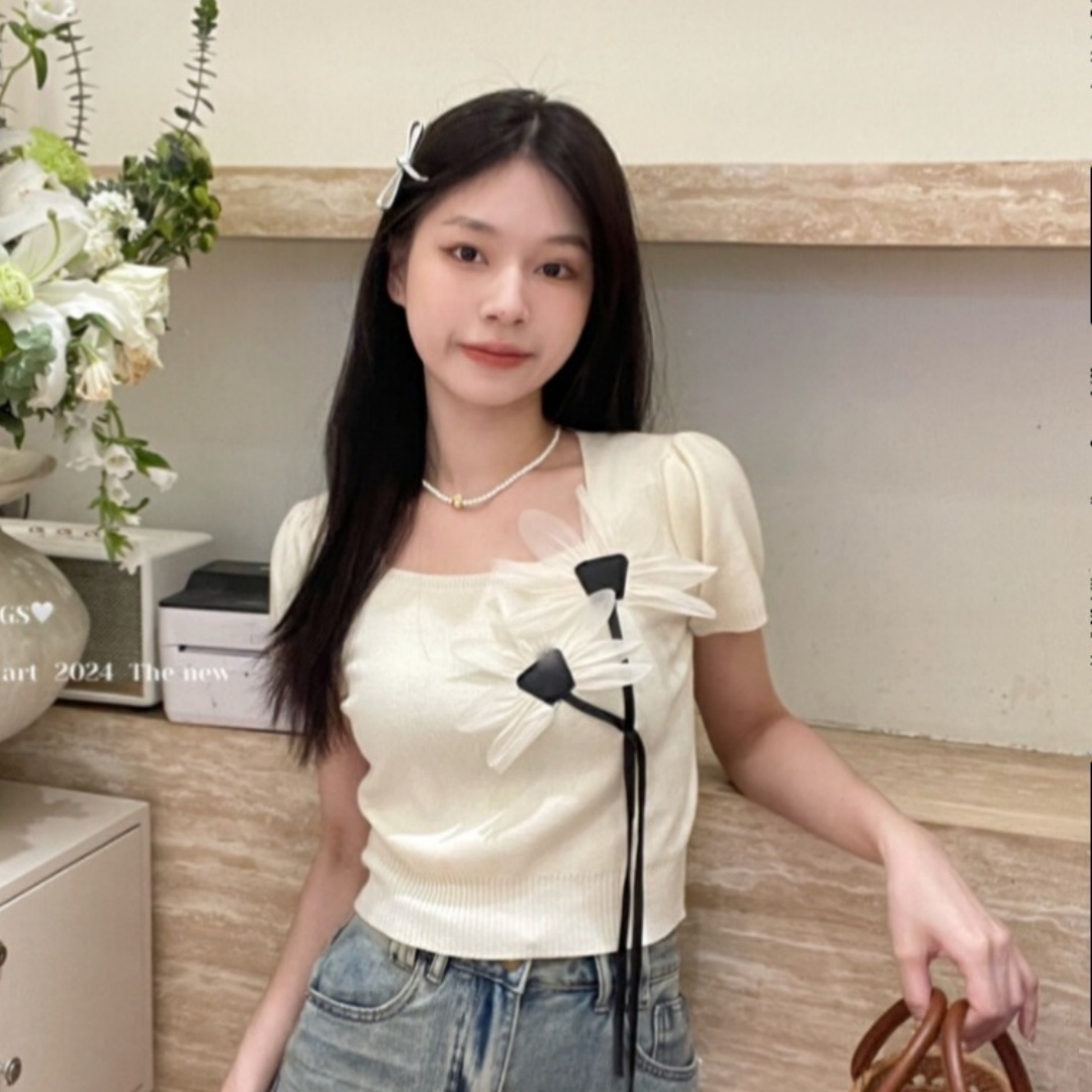 立體花朵設計感小眾獨特别致上衣方領短款短袖t恤女25春夏季新款