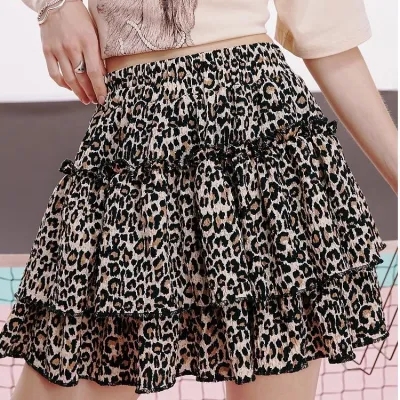 High-waisted A-line leopard print skirt for women in summer new sexy small slim cake skirt short skirt