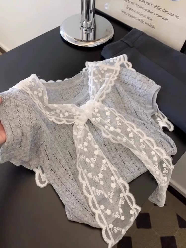Lace shawl grey knitted short sleeves for women with small short front shoulder top 2025 new