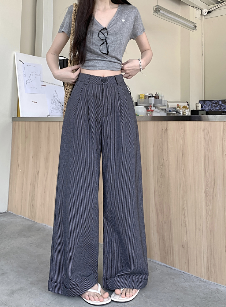 Real shot, fresh basic and versatile casual striped wide-leg pants, Korean high-waisted straight-leg pants