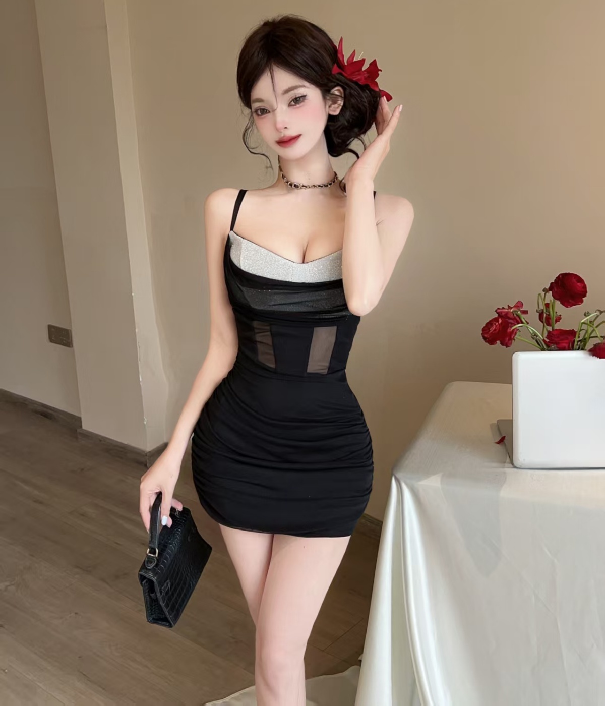 Real shot of sexy mesh low-cut hip-covering base suspender dress