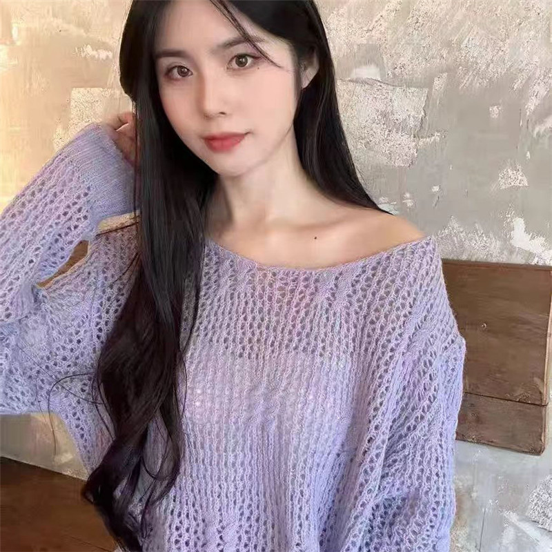 Korean gentle style long-sleeved purple hollow top for women in spring and summer 2025 new loose round neck knitted base shirt