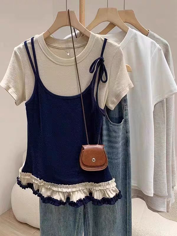 Korean chic original workmanship, new summer ballet style black ear hem fake two-piece short-sleeved T-shirt women's top