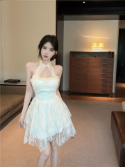 實拍~慕斯大小姐  新中式掛脖蕾絲連衣裙女夏季短款裙子