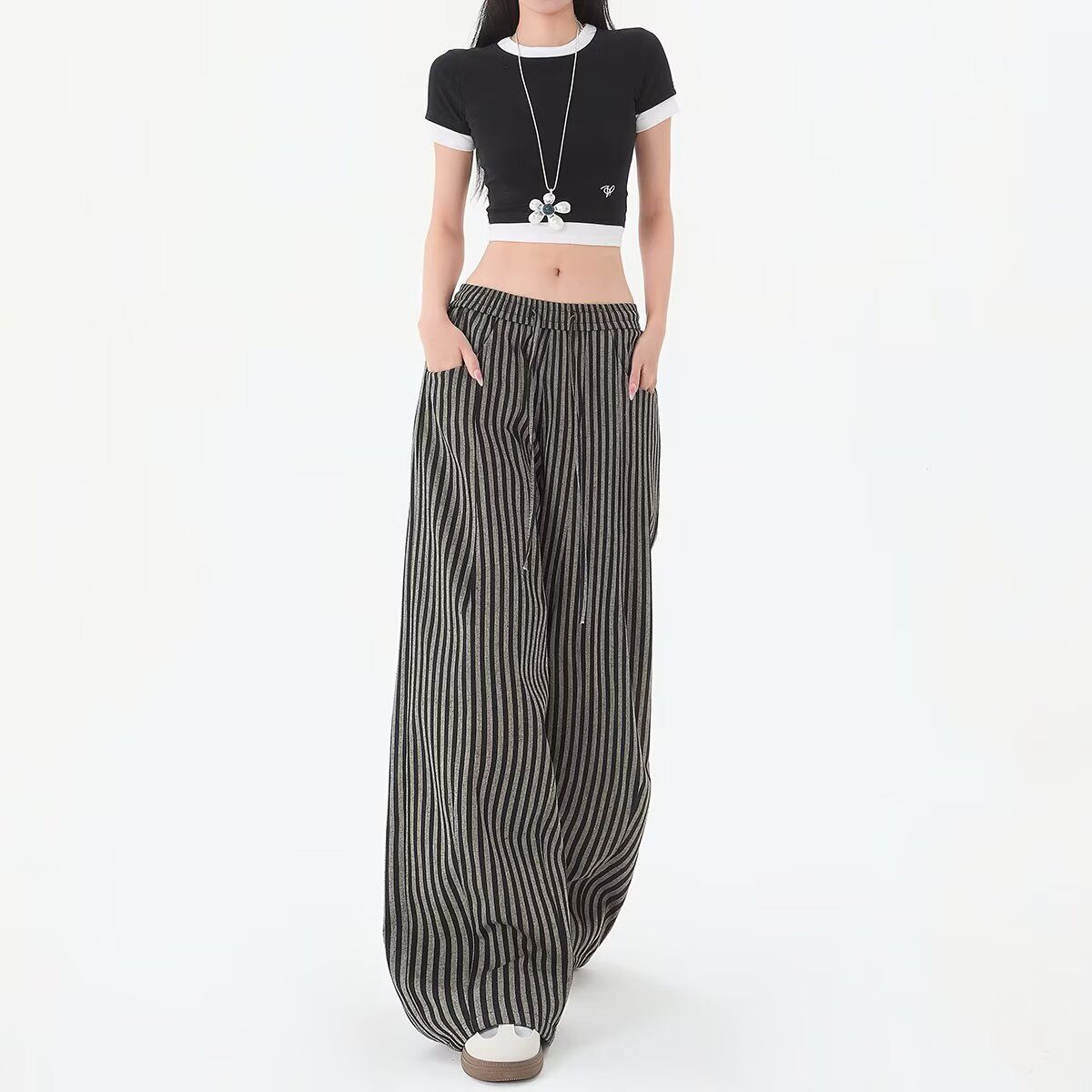 American retro lazy vertical striped casual pants spring and summer loose straight high-end couple versatile wide-leg pants