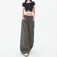 American retro lazy vertical striped casual pants spring and summer loose straight high-end couple versatile wide-leg pants