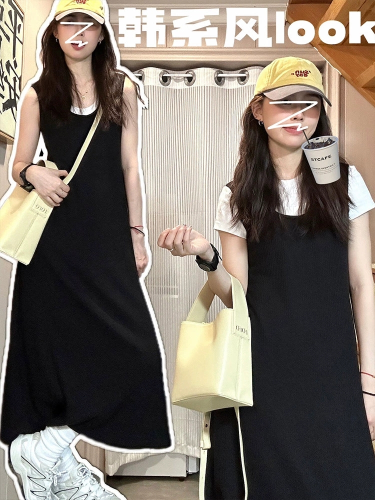 2025新款小個子法式黑色無袖吊帶連衣裙子夏季女裝黑色背心裙長裙