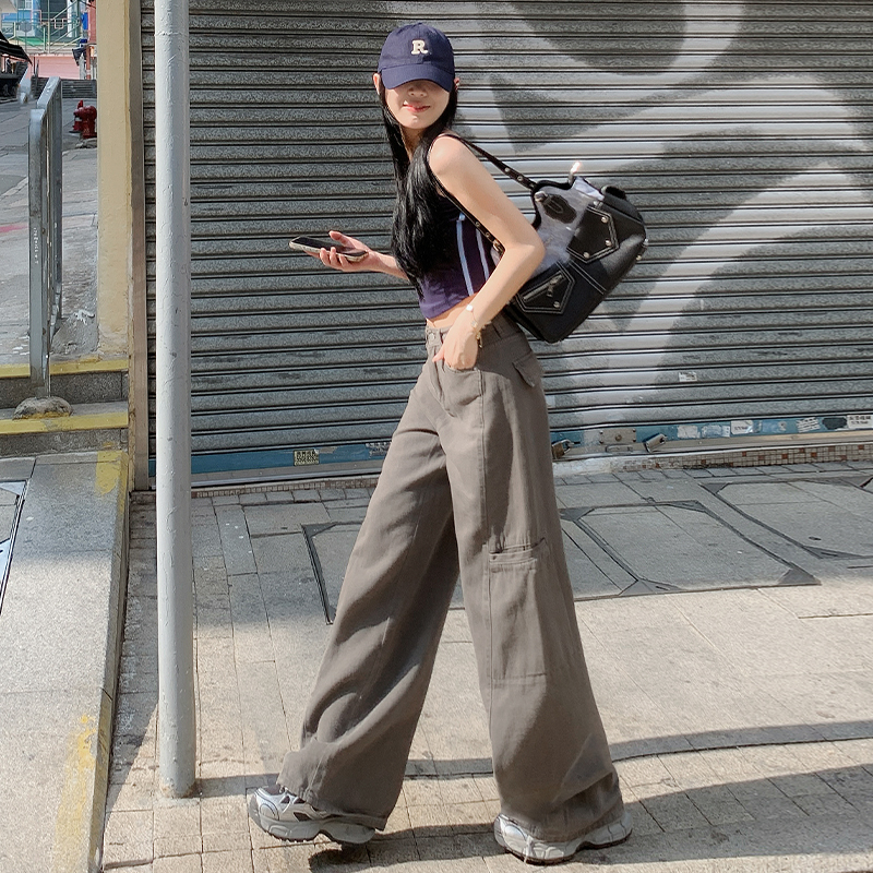 灰色美式闊腿工裝褲女2025新款復古高腰直筒牛仔褲子