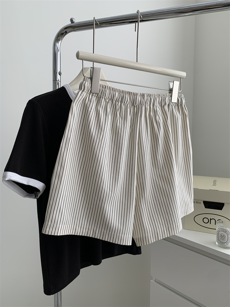 Official picture striped high waist drawstring wide-leg shorts for women in summer, versatile loose large size casual sports beach hot pants trendy