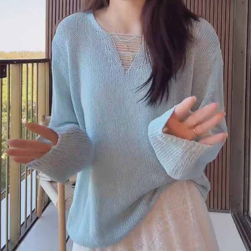 Korean V-neck hollow shirt, mohair thin knitted base shirt, early spring and summer new fashionable loose inner top