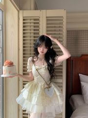 Blovelan Gardenia Candy Cube Princess Style Jacquard Bow Girly Organya Puffy Dress Spring and Summer