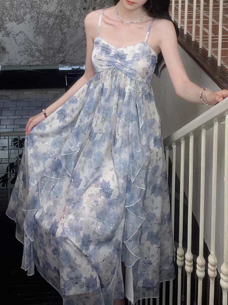 Blovelan Kun Xulan Shu dress spring style gentle temperament high-waisted ruffle edge glitter printed suspender skirt