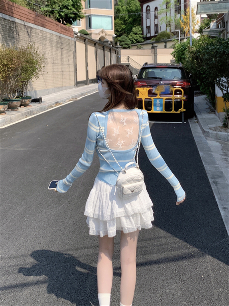 Real photo Real design feel slightly transparent lace back spliced ​​striped cardigan long-sleeved sweater top