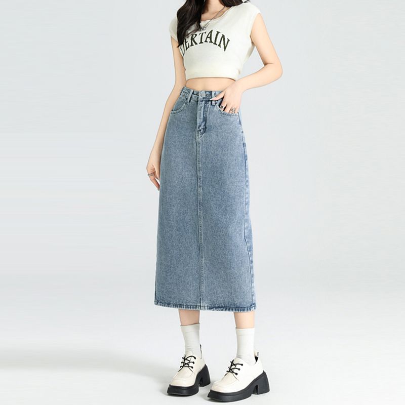 Simple Korean version of high-waist denim skirt A-line skirt for women in spring and summer new slim hip half-length denim skirt trendy