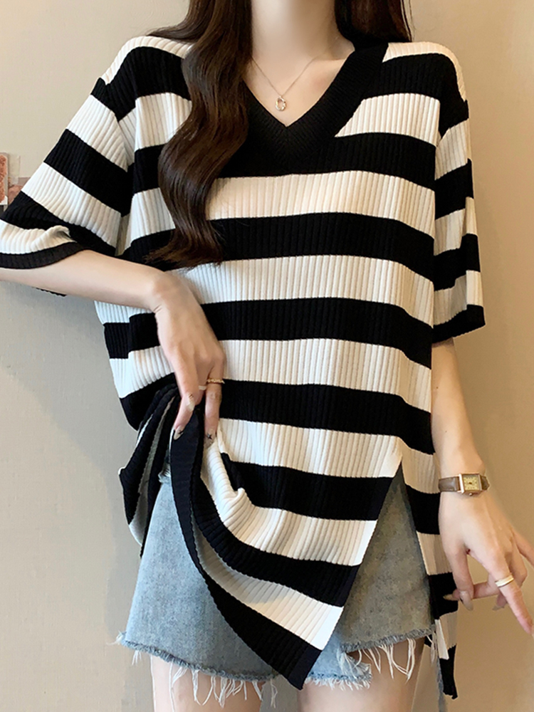 Large size mid-length V-neck striped short-sleeved T-shirt for women in summer fat mm loose slimming back ice silk knitted top