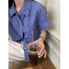 Korean chic checked short-sleeved shirt for women 2025 summer new niche casual lazy style top shirt Korean version