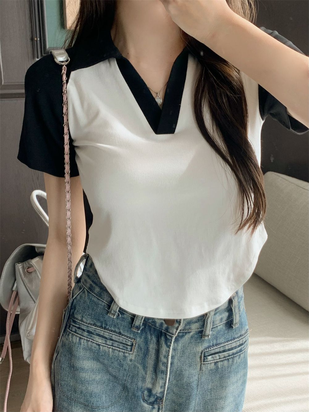Real photo 40 pure cotton 210g 92 cotton/8 spandex short-sleeved T-shirt for women polo collar
