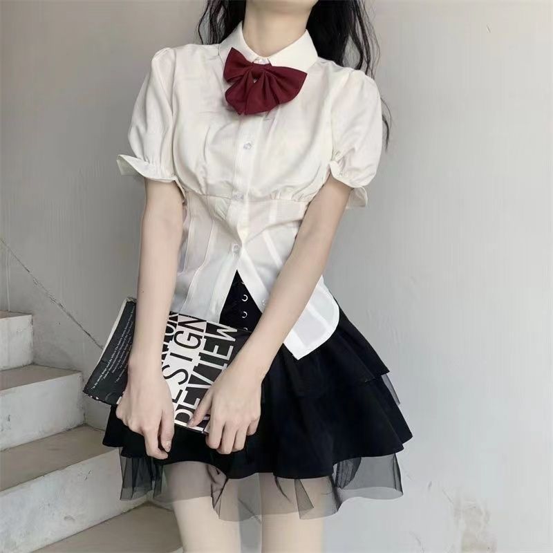 Summer jk uniform college style waist-closed short-sleeved shirt top pure slim high waist fluffy skirt suit