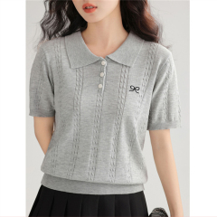 2025 summer new French retro college style Polo collar embroidered twist sweater women lapel top