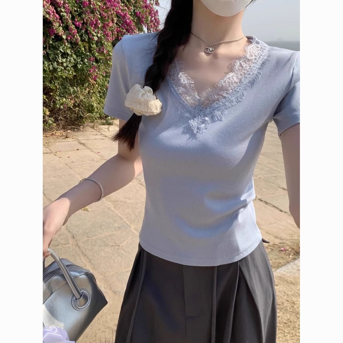 Korean chic summer new design niche hot girl pure lace edge v-neck solid color short-sleeved T-shirt for women