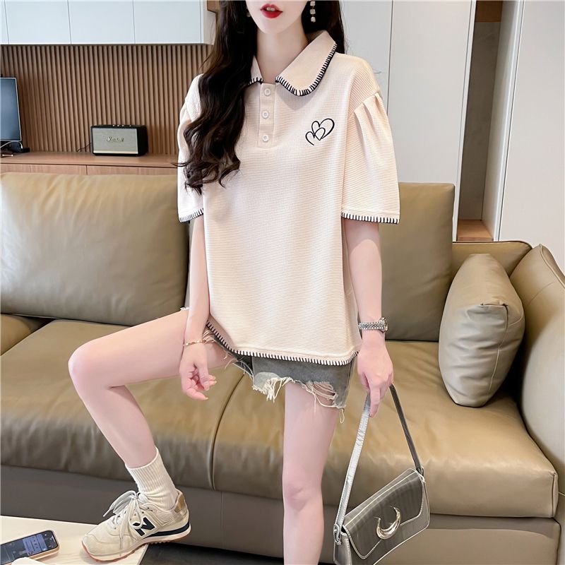 實拍 提花華夫格polo領短袖T恤女裝夏季新款設計感寬鬆大碼上衣